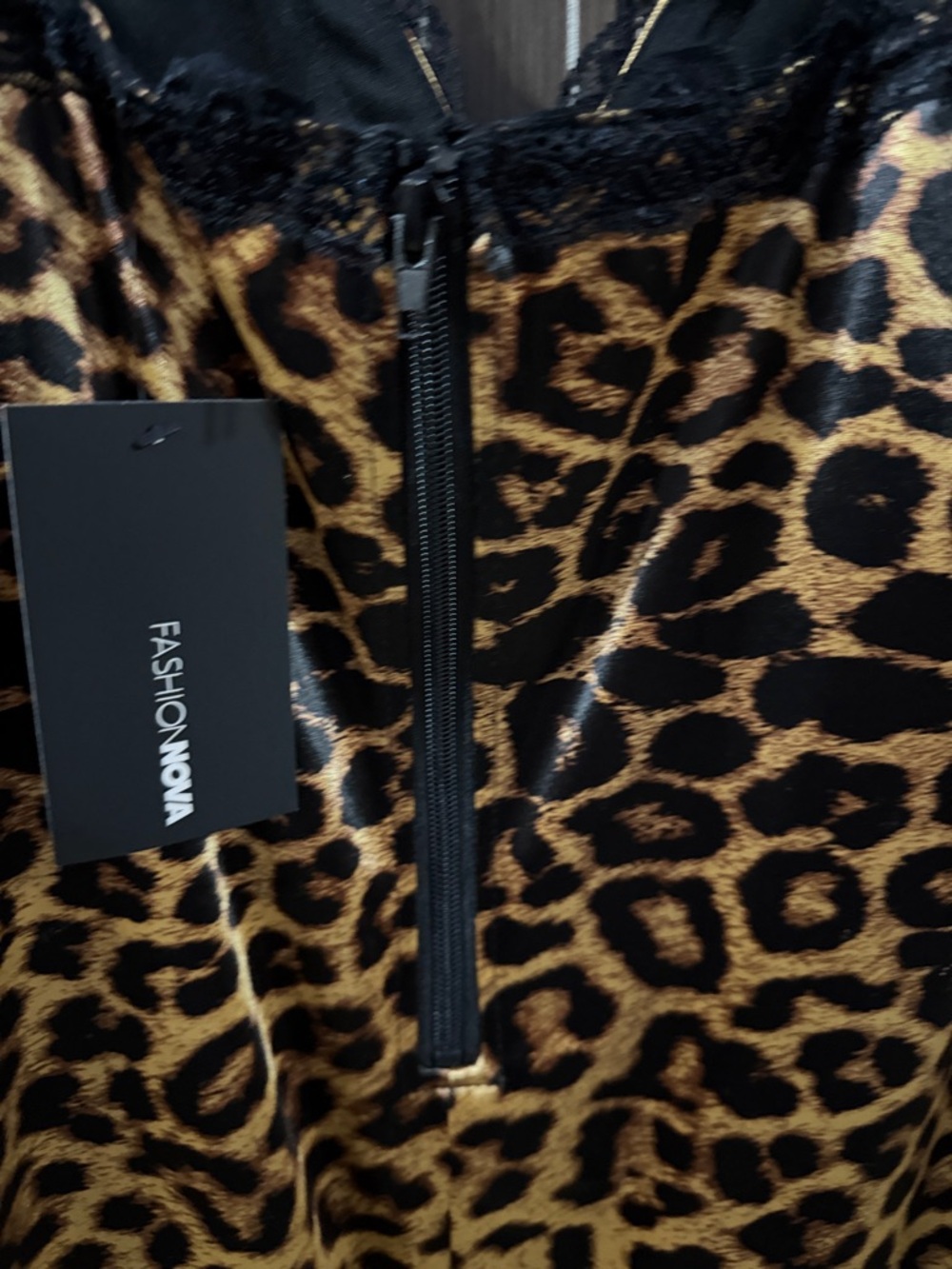 Fashion Nova Leopard Satin Lace Slip Dress - Black & Brown - Picture 4 of 6